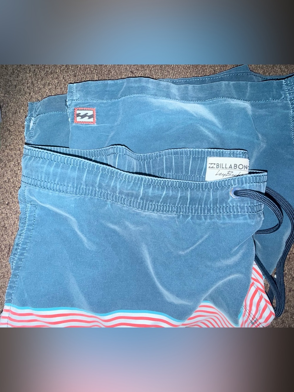 Billabong Blue Men’s Swim Shorts with Red and White Stripe Trim